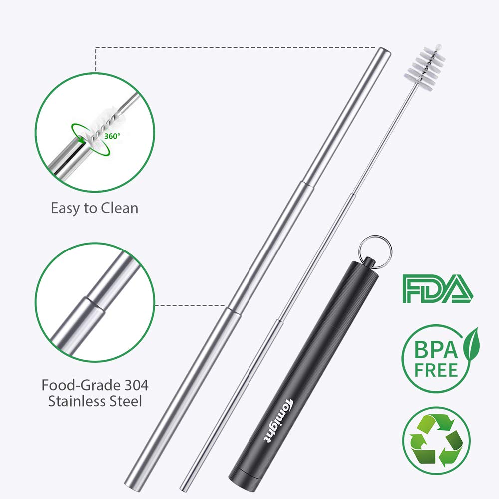 Tomight 2 Pack Telescopic Reusable Straws, Portable Stainless Steel Metal Straws with Case Cleaning Brush Carabiner Silicone Tips Keychain, Perfect for Travel, Home,Office