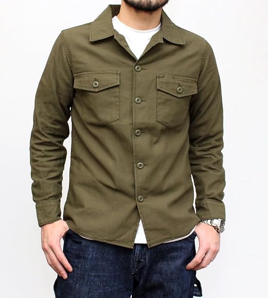 Amazon ヒューストン Houston ミリタリーシャツ アーミーシャツ ワークシャツ 無地 コットン バックサテン 長袖 シャツ メンズ ブランド カジュアル アメカジ 23 オリーブ 15 5 L サイズ シャツ 通販
