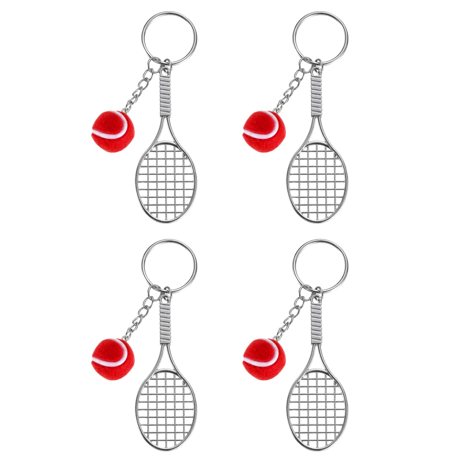 PATIKIL Tennis Keychain, 4Pcs Alloy Mini Tennis Racket Keychain Key Ring Tennis Ball Cute Sports Keyrings for Sport Lovers, Red