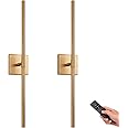GWONER Battery Operated LED Wall Sconces Set of 2, 25" Wireless Rechargeable Gold Wall Lights with Remote Control, 3 Color Stepless Dimming 360° Rotate Wall Decor Lamp for Living Room Hallway Bedroom