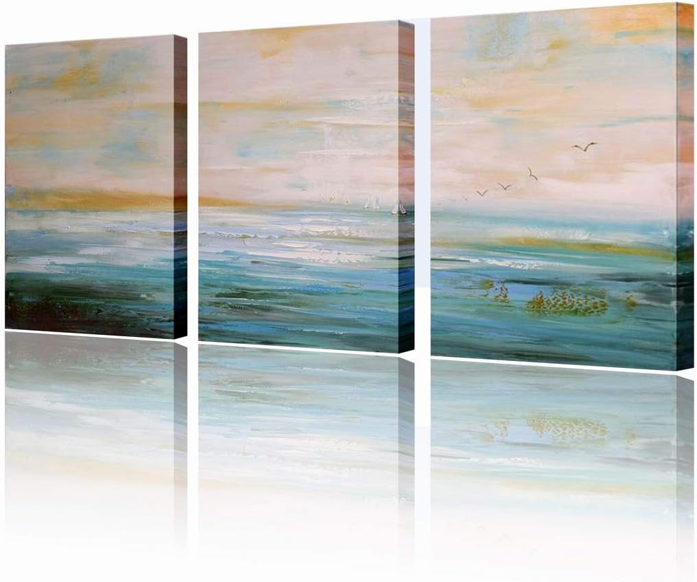 Seascape Oil Painting Abstract Wall Art Peaceful Lake Landscape 3 Piece Pictures Framed Ready to Hang for Wall Decorations 16x36inches