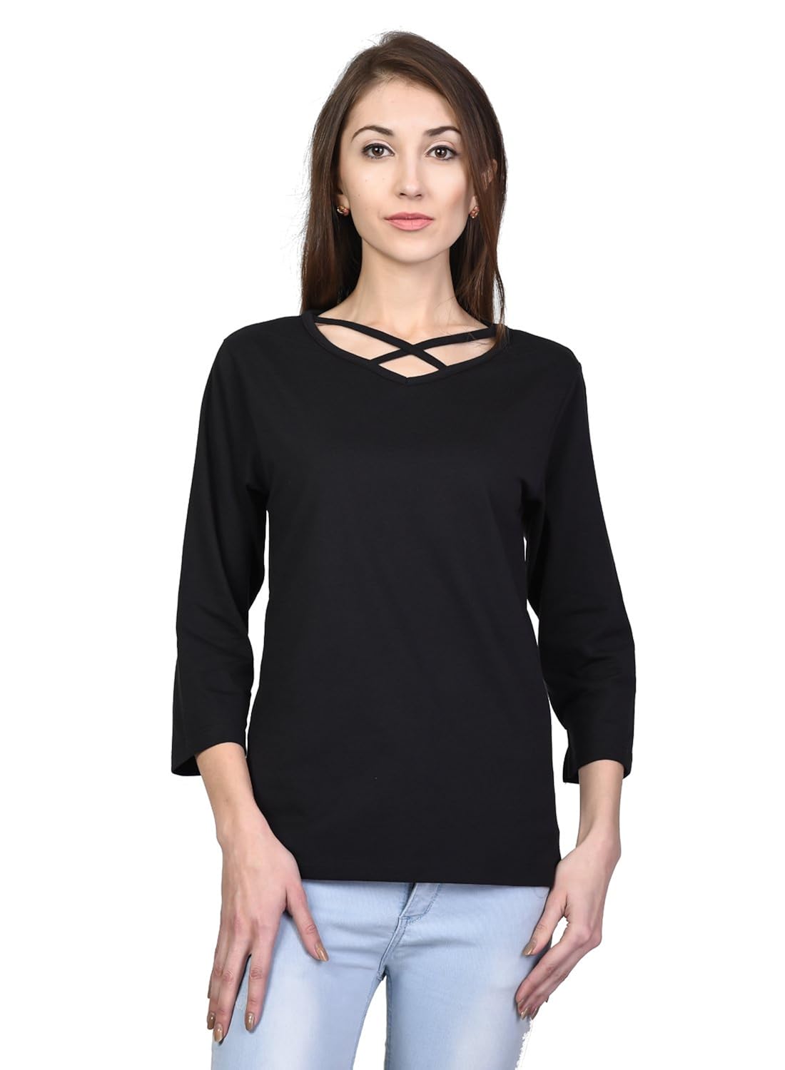 kalt women's v-neck 3/4th sleeves cotton blend top/t-shirt (tw14)