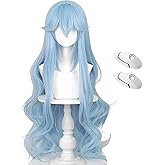 Ice Blue Wig for Cosplay + Hairpin Anime Long Curly Light Blue Wig Women Cosplay Costume Wigs Accessories for Halloween Party + Wig Cap