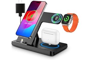 TPLISAK Charging Station for iPhone Multiple Devices, Foldable 3 in 1 Fast Charging Stand Dock for AirPods 3/2/1/Pro & iPhone 6-14 Series, Apple Watch Charger for Apple Watch Series with Adapter