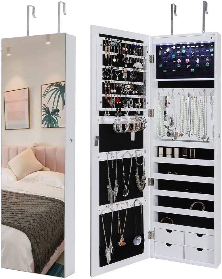 Iwell 8 LEDs Jewelry Cabinet Jewelry Armoire, Lockable Wall/Door Mounted Jewelry Organizer with Frameless Mirror, Large Capacity, 4 Drawers, White, Women/Daughter/Mothers Gift SSG001W-