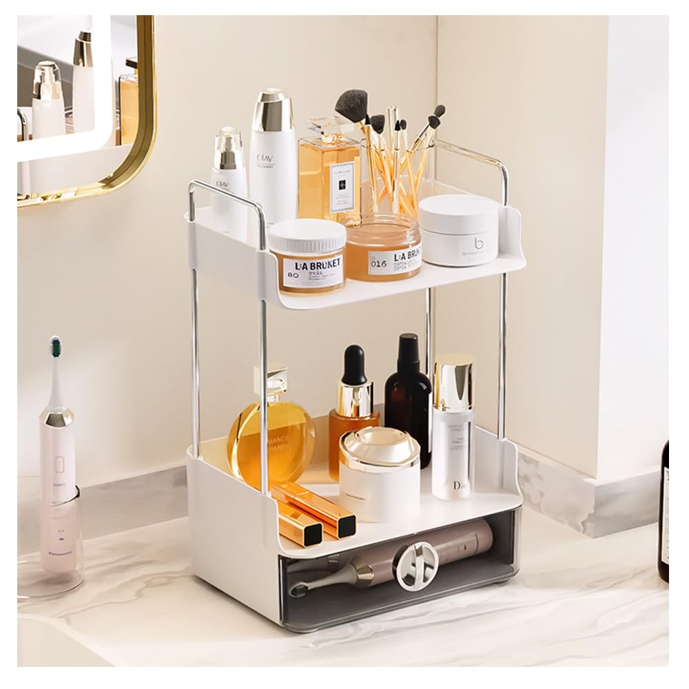 NUODWELL Makeup Organiser with Drawer, Bathroom Countertop Skincare Cosmetic Organizer, Desk Tidy Storage Shelf for Cosmetics, Toiletries, Lotions, Perfumes (White)