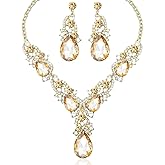 Secret for Longevity Gold Tone Antique Style Art Deco Amber Honey Yellow Topaz Citrine Champagne Rhinestone Statement Wedding Bridal Prom Chunky Statement Earrings Necklace Gift Set