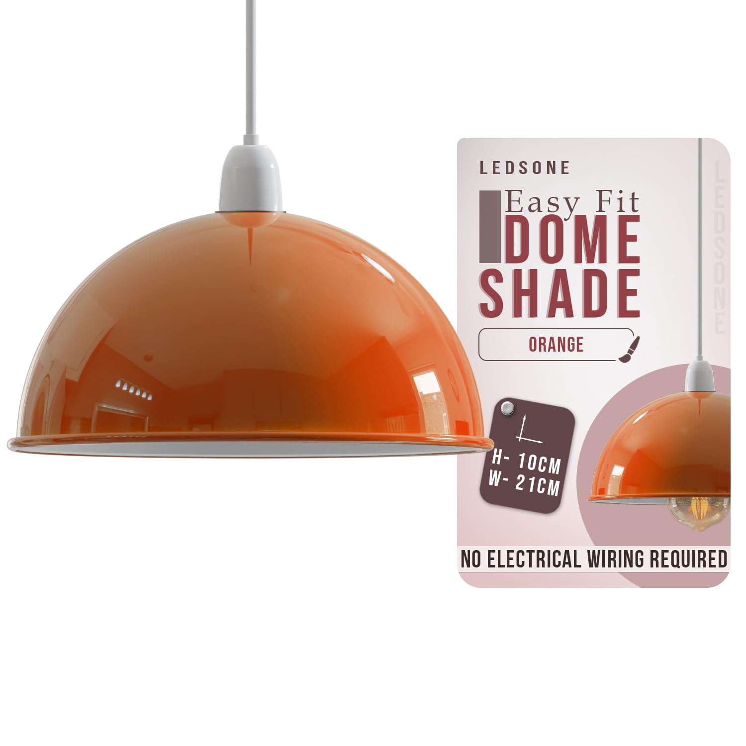 Orange Modern Dome Pendant Lamp Shade – 21cm Industrial Metal Ceiling Light Shade Easy Fit for Kitchen, Bedroom, Living Room, Dining Room, Hallway, Restaurant and Café