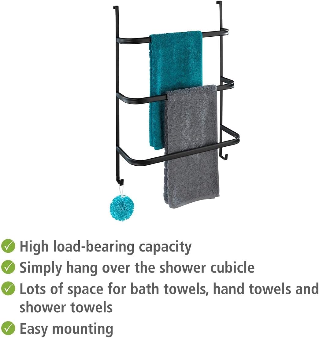 WENKO Irpinia Black Towel Rail with 3 Towel Bars, Easy to Hang On Shower Wall or Door, Steel, 54.5 x 77.5 x 21.5 cm, Black - Image 4