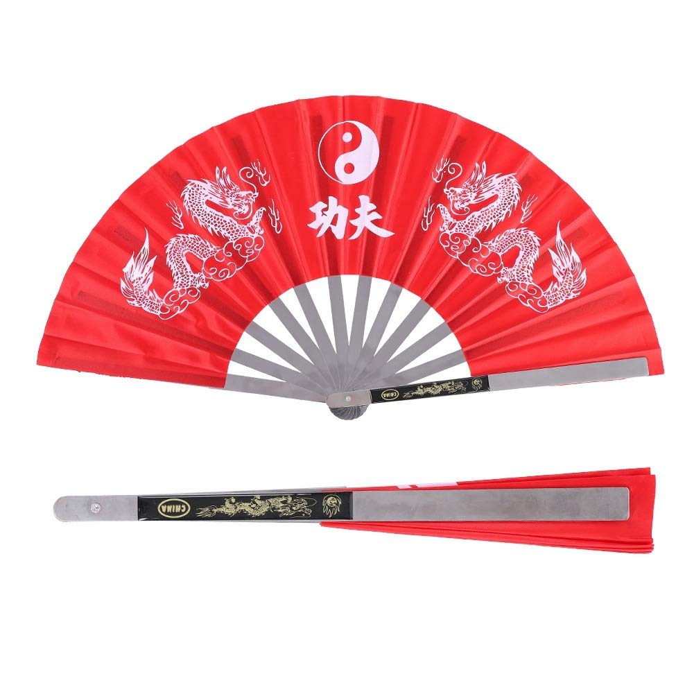 Nikou Tai Chi Fan, Stainless Steel Chinese Kung Fu Tai Chi Hand Folding Fan Arts Dance Practice Training Performance Fan Display Fans for Men/Women (Red)
