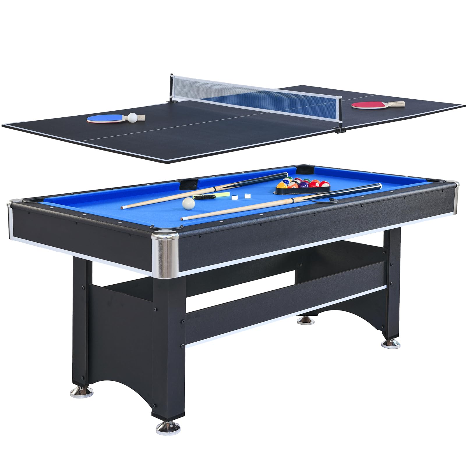Photo 1 of 6-Ft Pool Table with Ping Pong Table Combo,2-in-1 Multi-Game Table with Billiard Balls, Cues, Paddles, Brush,for Family Recreation, Durable Structure, Quick Assembly
