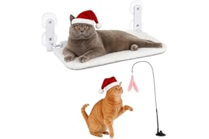 Cordless Window Cat Bed with Bonus Toy – Holds up to 44 lbs – Foldable Cat Bed Window Reversible Winter/Summer Cover – 4 Stro