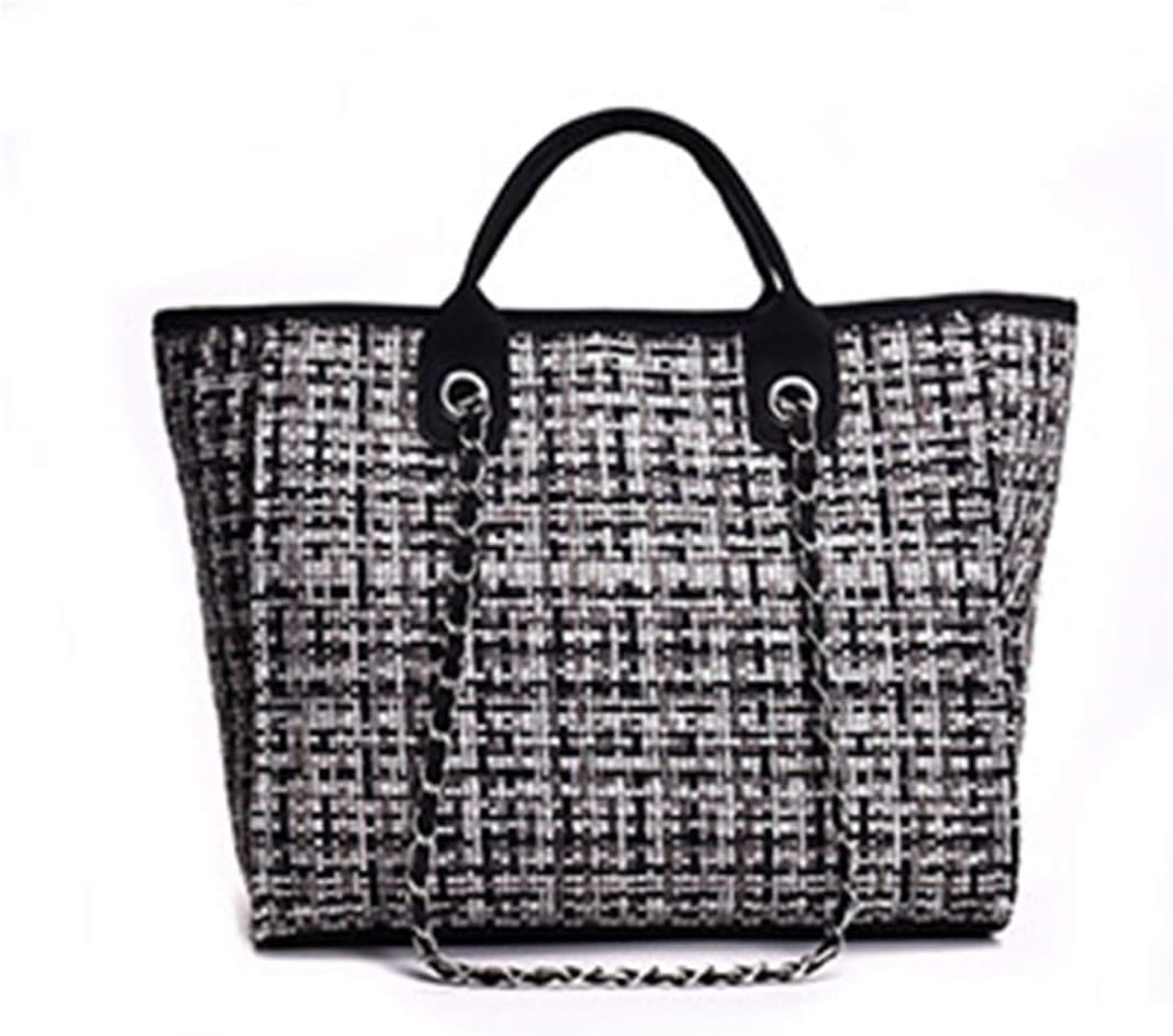 Big Tote Bags Contrast PU Leather Handbags Women's Handbag Large Tweed Chains Shoulder Bucket Bag Black