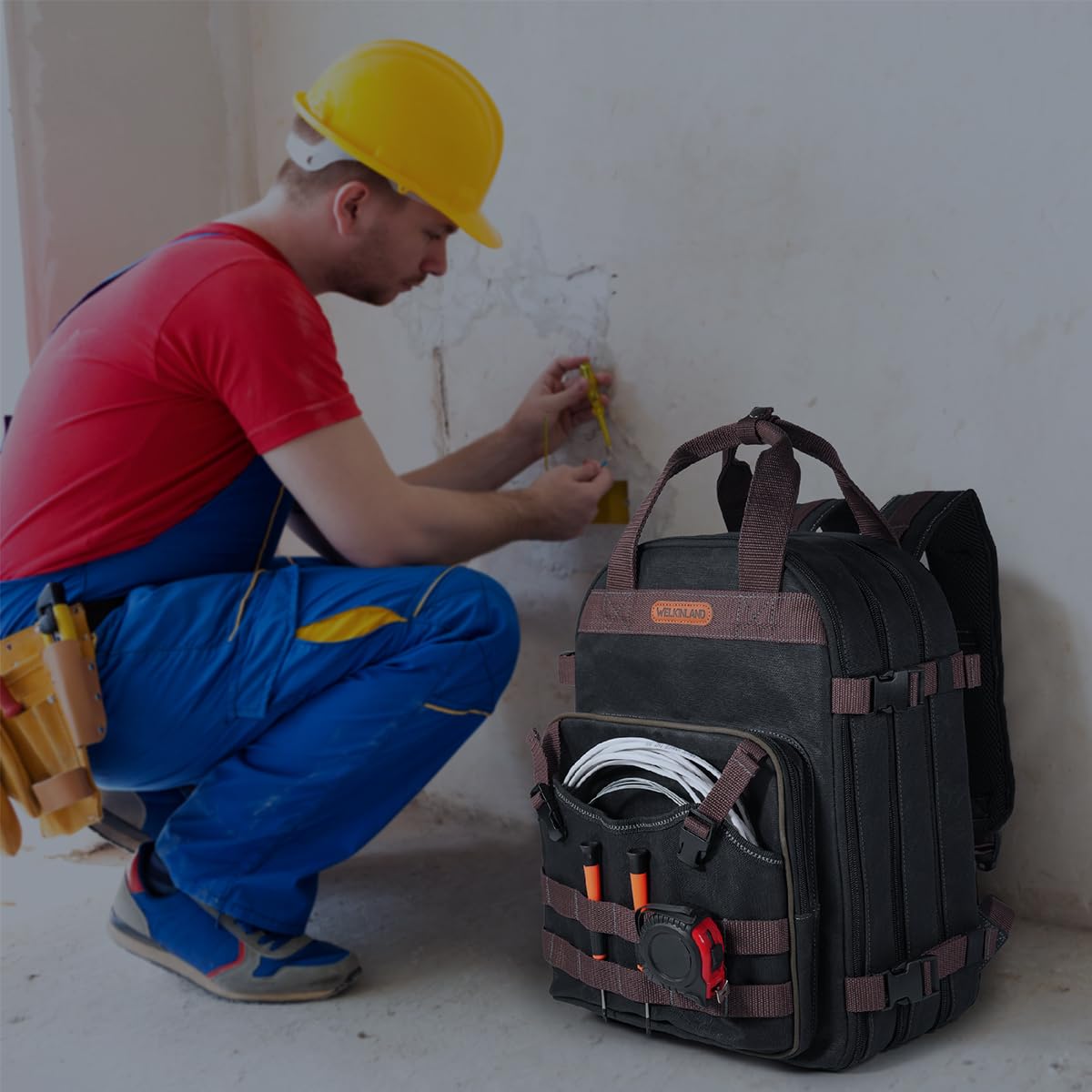 WELKINLAND 90-Pockets Electrician Backpack, Wax-Canvas Tool Backpacks Heavy Duty, Convenient Work Tool Back pack With Pockets
