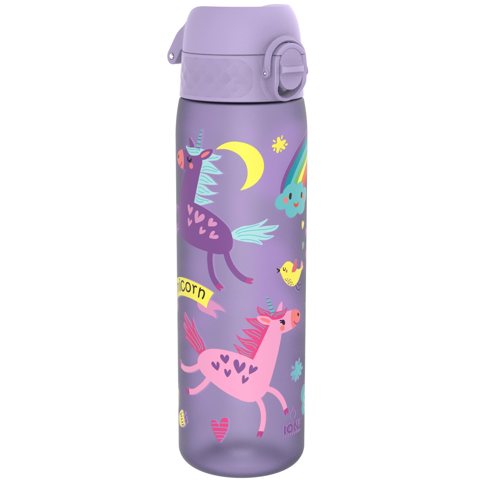 Ion8 Water Bottle, 500ml/18oz, Slim Leak Proof & BPA-Free Drinking Bottle, Secure Lock Prevents Spills, Dishwasher Safe, Carry Handle, Ideal for Adults & Kids - Travel, Gym & School, Purple, Unicorns