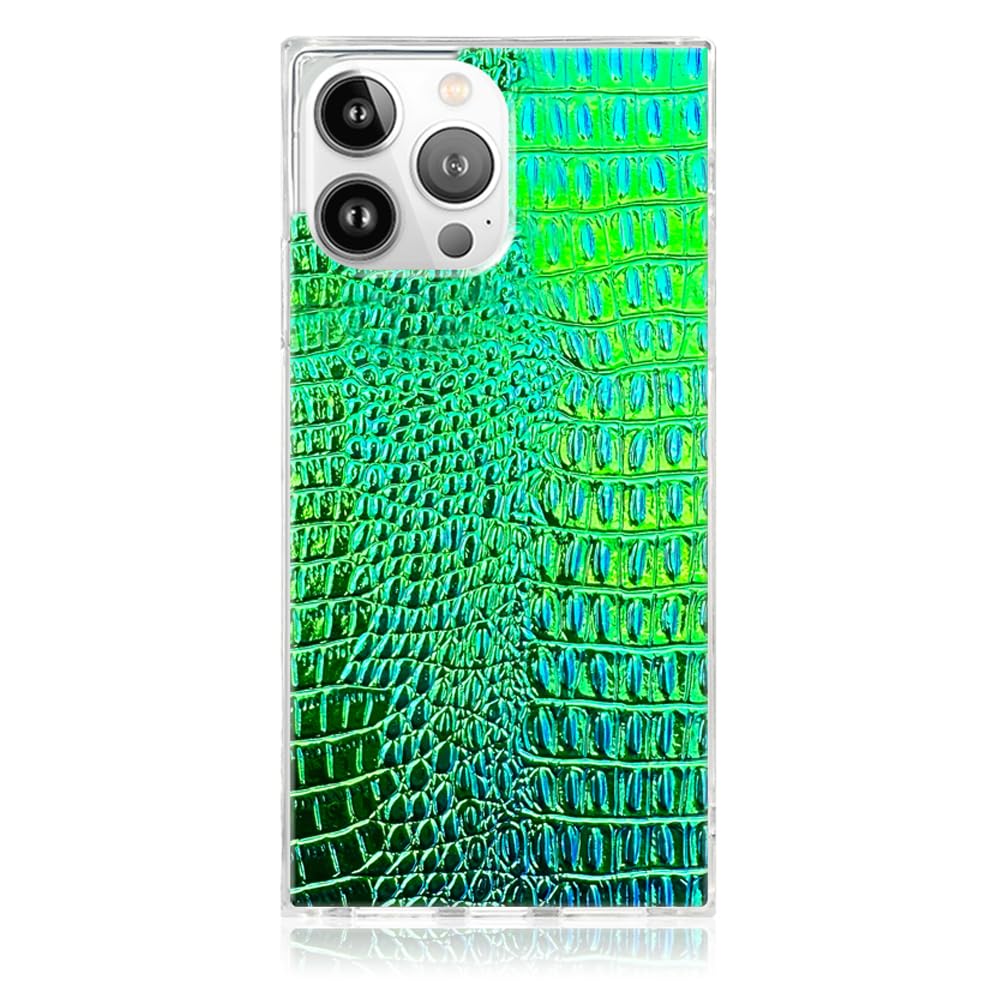 Flaunt Official Square Protective Case - Compatible with iPhone 15 Pro - Wireless Charging - Stylish Drop Tested Shockproof Phone Case - (Green Iridescent Crocodile Faux Leather)