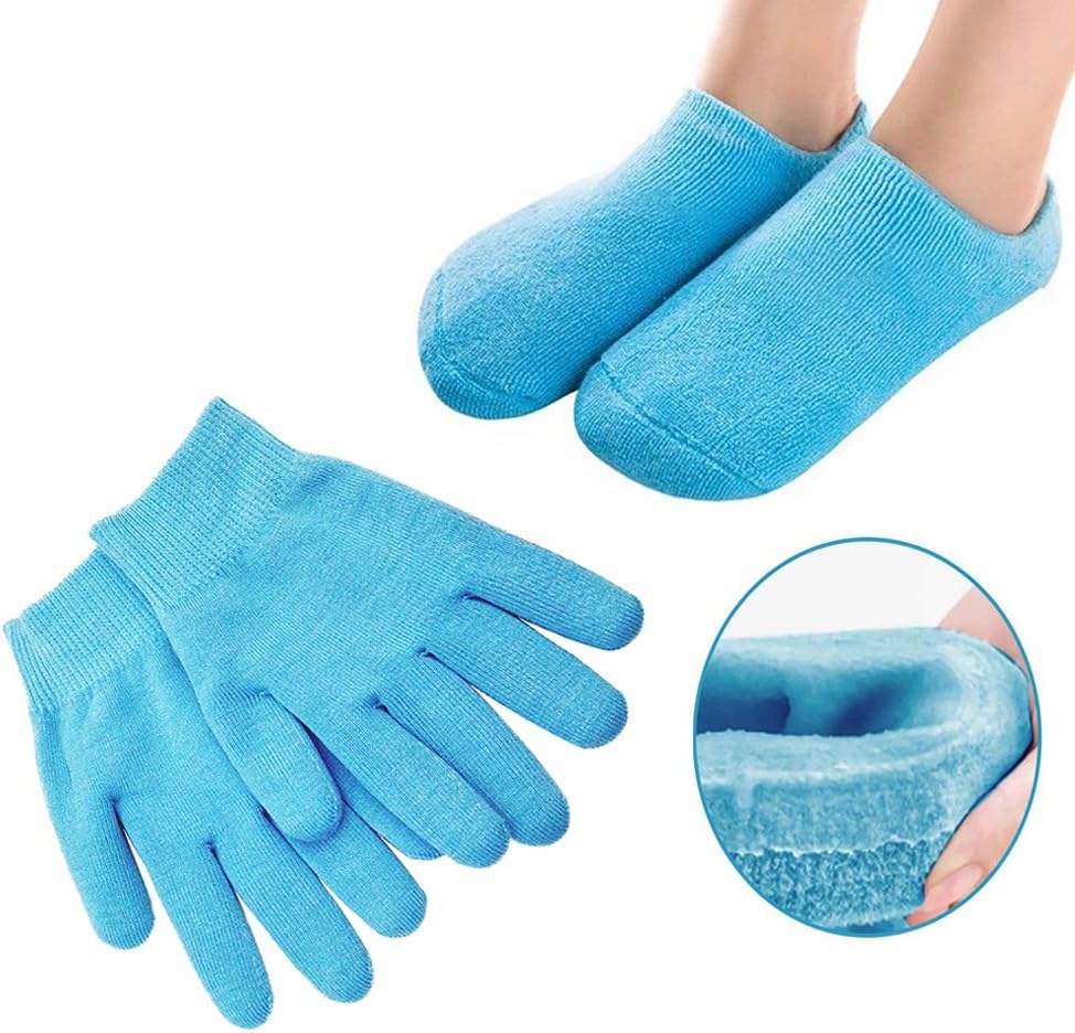 Pinkiou Moisturizing Gloves Socks Set Gel Spa for Moisturize Soften Repairing Dry Cracked Hands Feet Skin Care Silicone inside–Blue