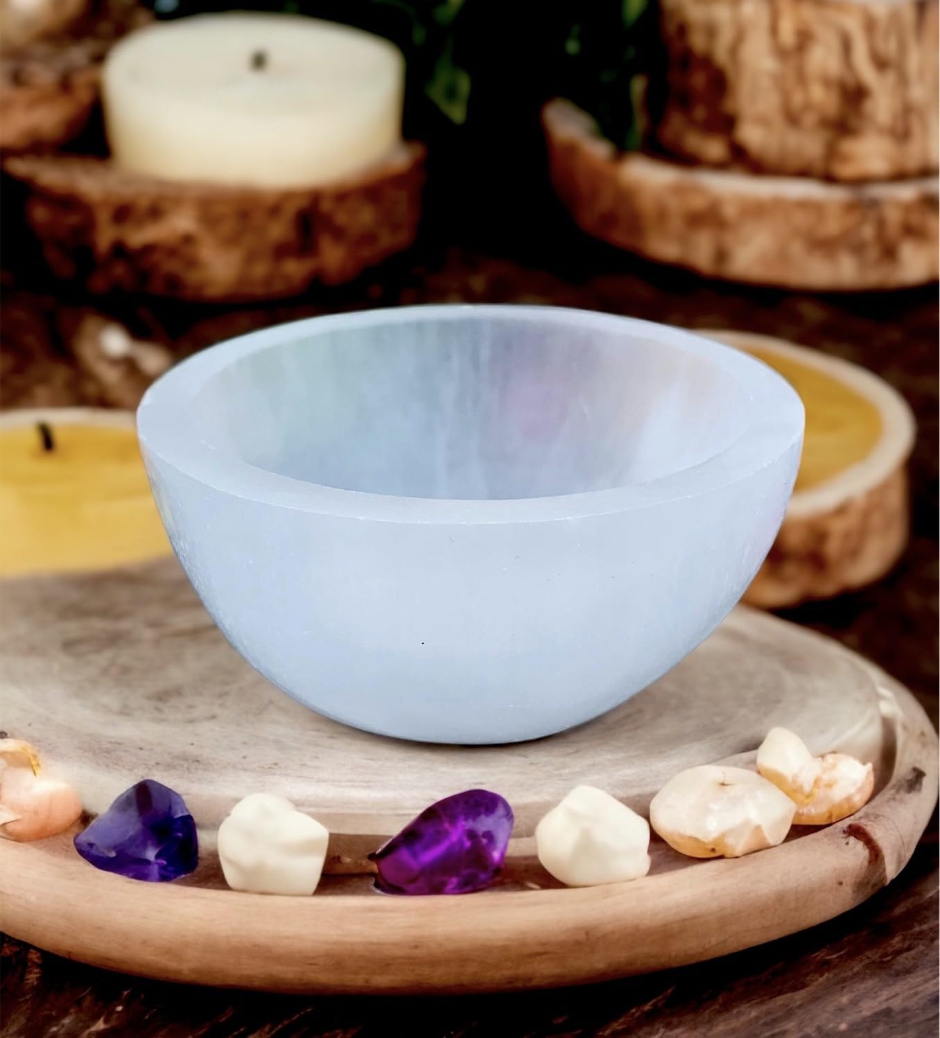 4All Selenite Crystals Round Cleansing Bowl Selenite Stone Super Natural Spirit Healing Plate White Natural Meditation Tool Handmade Tumbles Jewelry Storage for Decoration Gift (8cm)