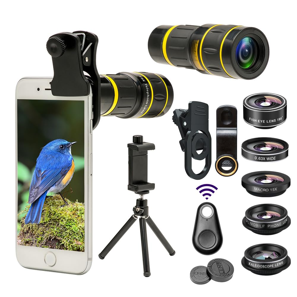 Photo 1 of Godefa Cell Phone Camera Lens with Tripod+ Shutter Remote,6 in 1 18x Telephoto Zoom Lens/Wide Angle/Macro/Fisheye/Kaleidoscope/CPL, Clip-On lense Compatible for iPhone X 8 7 6s Plus, Samsung and More