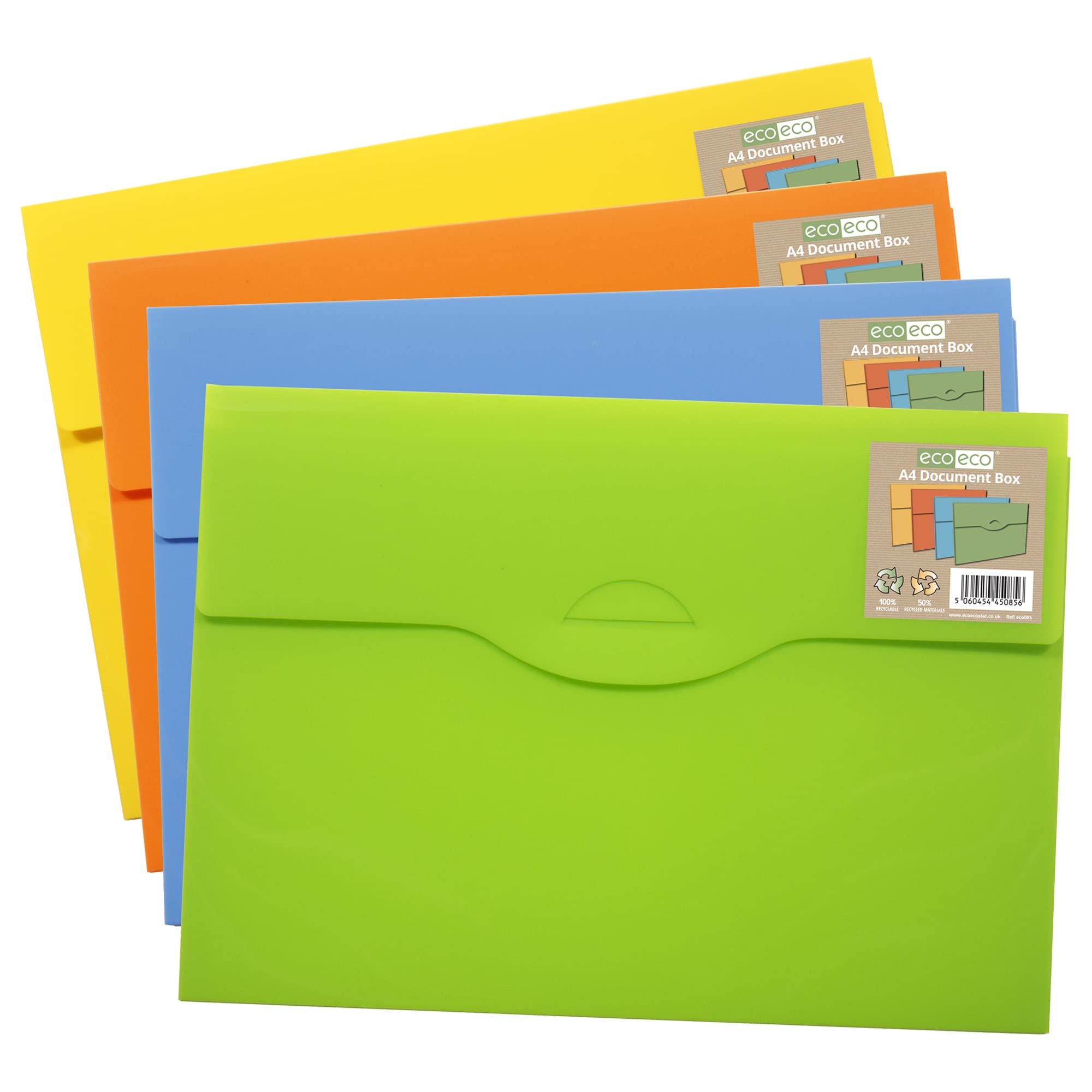 eco-eco A4 50% Recycled Slim Document Box File Folder - Pack of 4 Assorted Colours