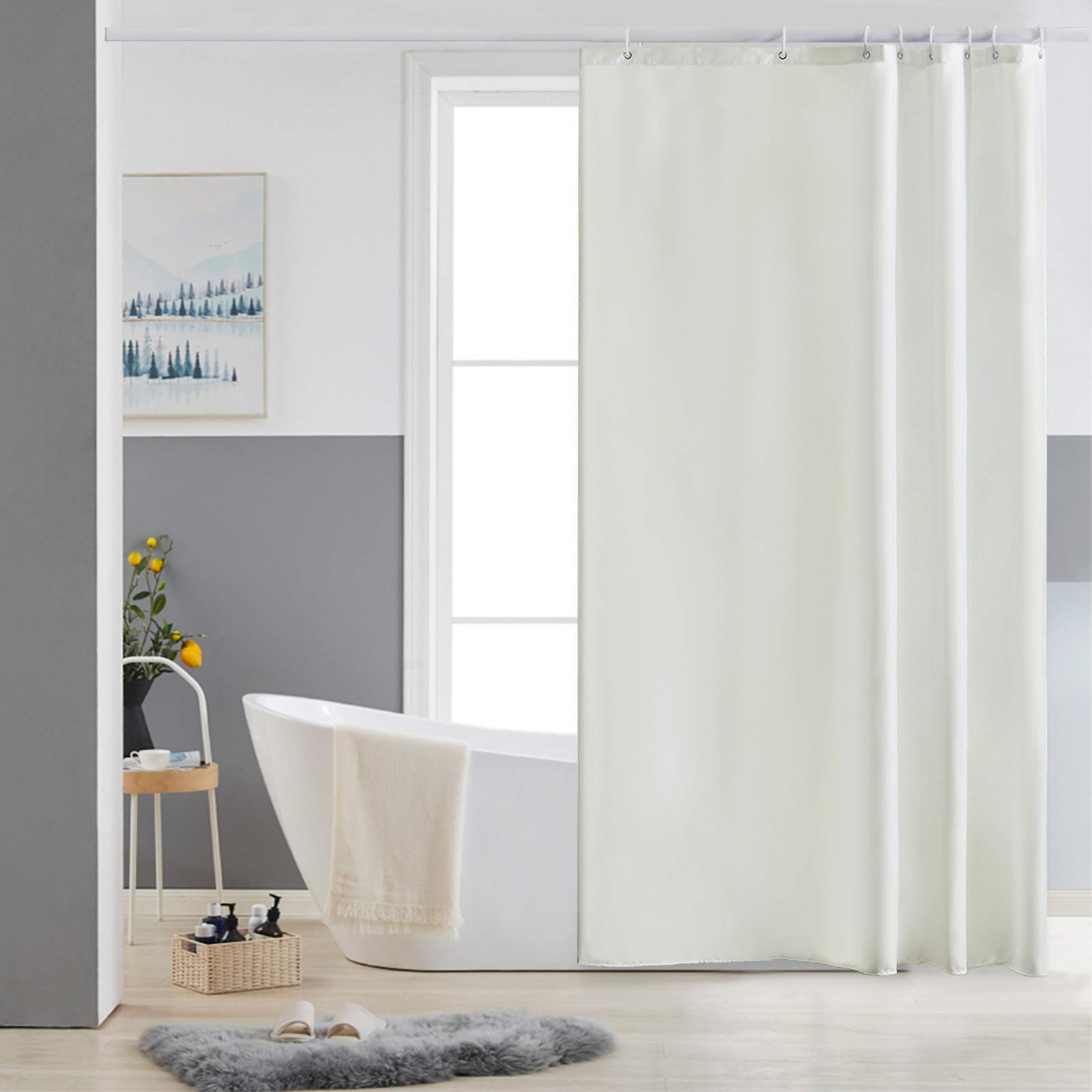 Furlinic Beige Shower Curtain Mould Proof Water Resistant Washable Polyester Fabric Bath Curtains with Weight Tape 8 Hooks for Wetroom 47x72 Inch 120x180cm.