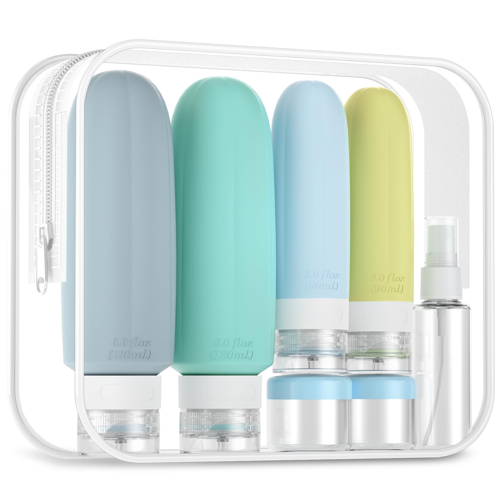 Gemice 16 Pack Travel Bottles Set, CAA Approved Leak Proof Silicone Squeezable Containers for Toiletries, Refillable Accessories 180ml 90ml for Conditioner, Shampoo, Lotion & Body Wash (BPA Free)