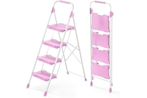 KINGRACK 4 Step Ladder, 900lbs Sturdy Step Stool with Handrail, Anti-Slip Wide Pedals, Foldable Stepladder for Home, Garage, Garden, Household, Pink, Pass 900LBS Testing