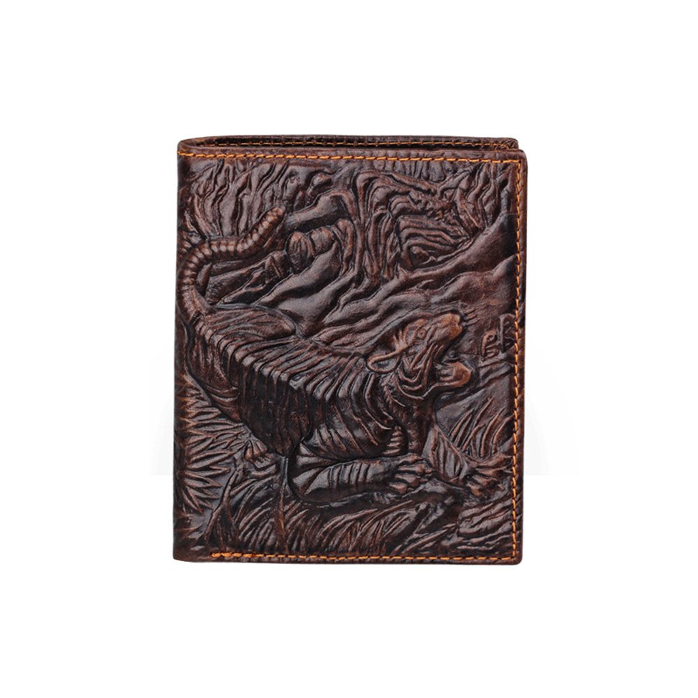 Mens Brown Genuine Leather Wallet with Credit Card Holder Tiger Pattern M