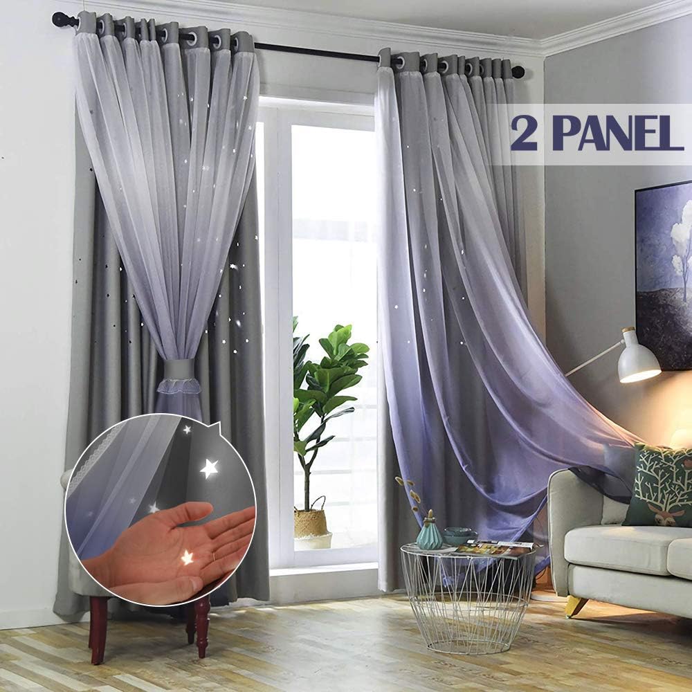 Gradient Voile Overlay Star Cut-Out Curtains for Bedroom 2 Panels,2-Layers Mix Design of Fabric & Tulle,Cute Window Curtian for Kids Room(W52 x L84,Total is 104-Inch Wide,Gradient Grey)