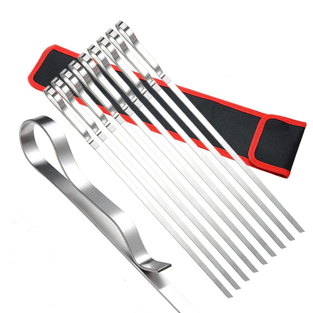 HeyWin Metal Skewers,10 Pcs,16.8 inch Long Kebab Skewers for More Meat or Vegetabels, Easy Clean,with A Storage Pouch,for BBQ skewers in The Garden or Outdoors (Size 2)