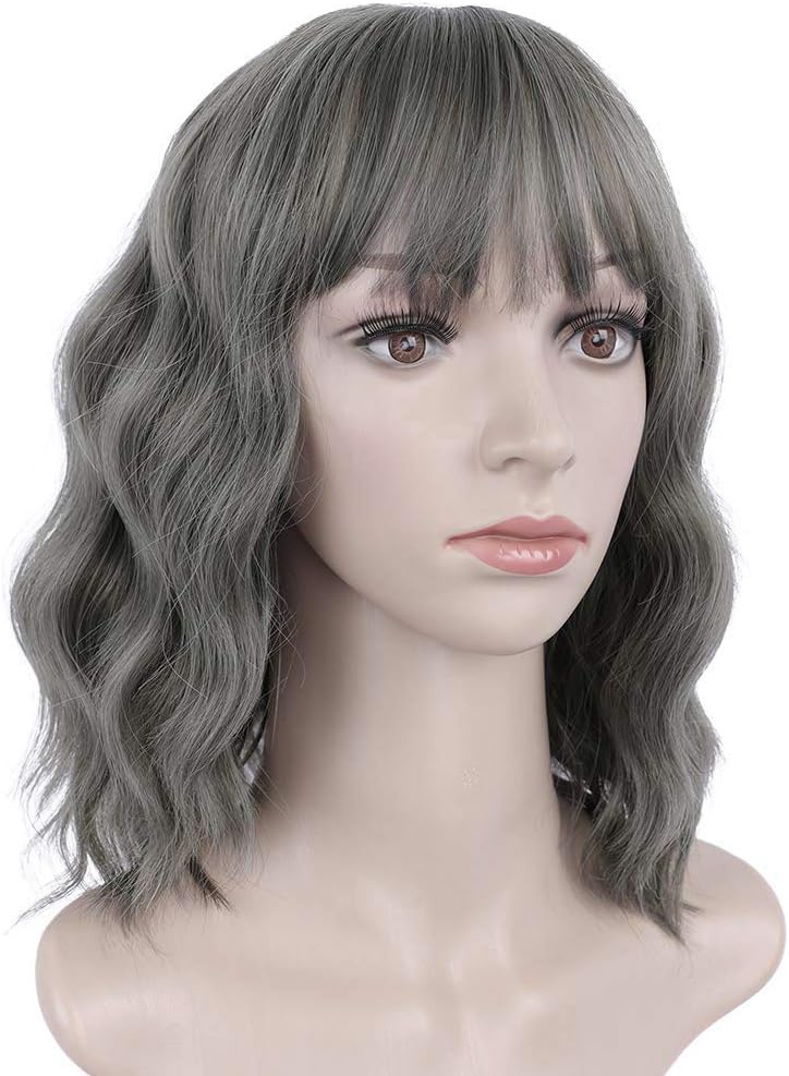 PORSMEER Short Grey Salt color Wig Pastel Wavy Bob Wig with Fringe Natural Looking Synthetic Hair Wigs for Women Party Or Daily Wear 14inch,Natural Salt & Pepper Look - Image 3