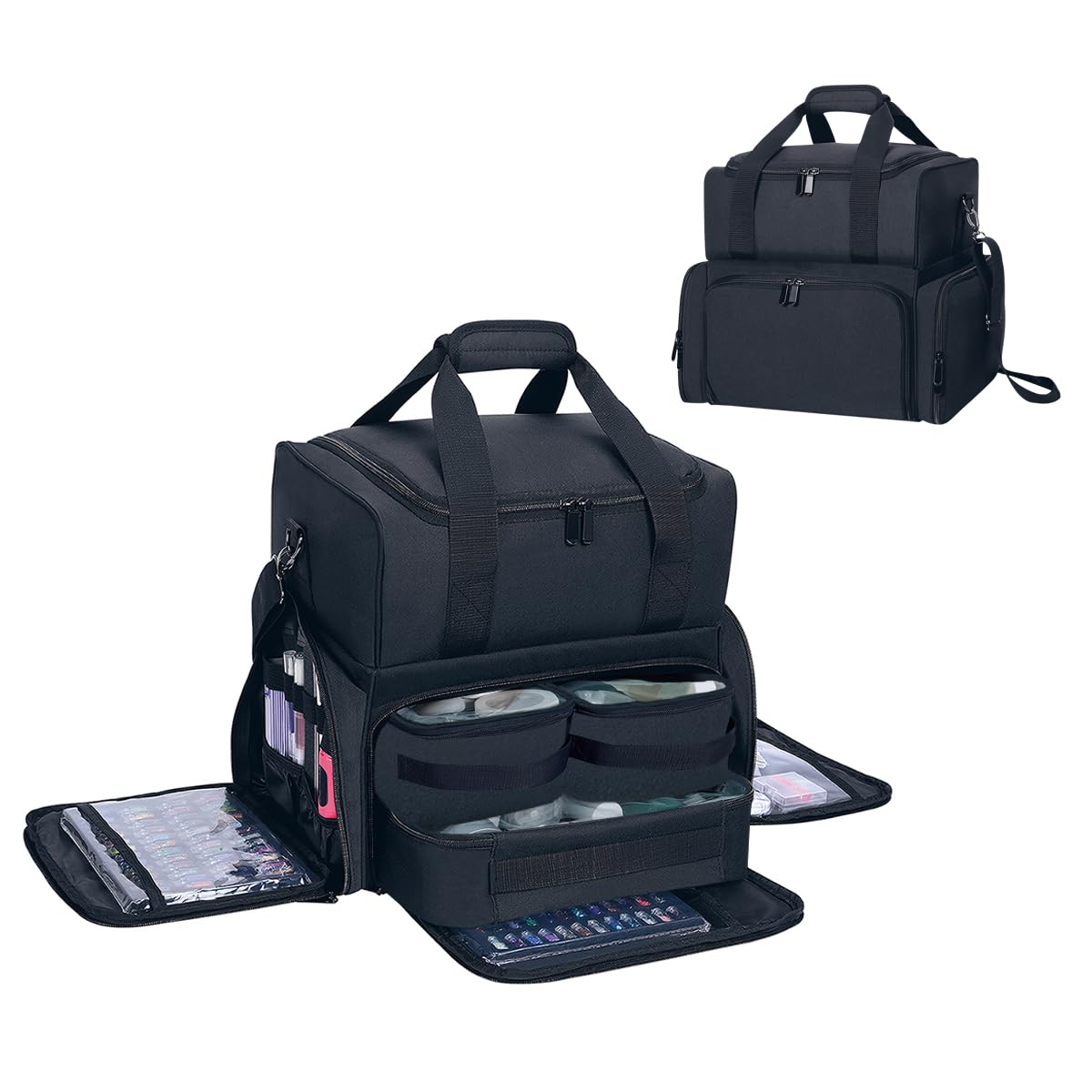 View 1 of **MISSING PARTS**
NO DIVIDERS
UOZL Large Makeup Cosmetic Bag with 3 Removable Case and 2 Removable Dividers Double Layer Travel Storage Organizer, Makeup Brushes Storage Section Black