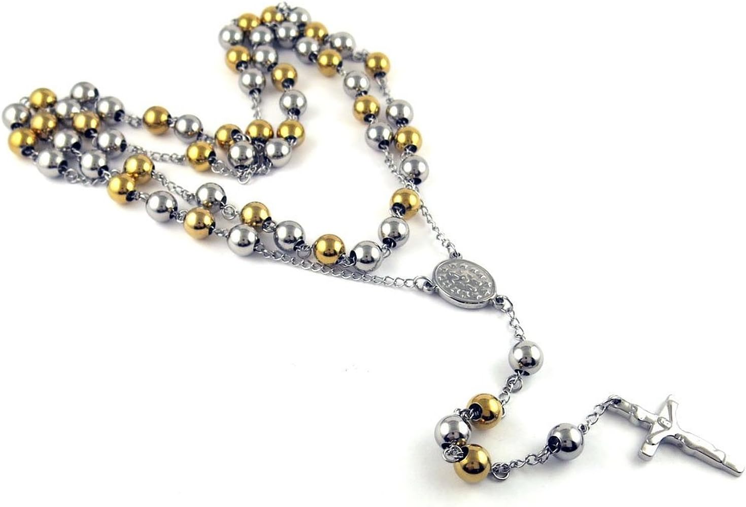 R4U Gold & Silver HIGH QUALITY Rosary Bead Cross Necklace Chain Stainless Steel