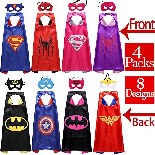 Sholin Superhero Dress Up Costumes 4 Double-Sided Design Satin Capes With 8 Felt Masks For Boys and Girls