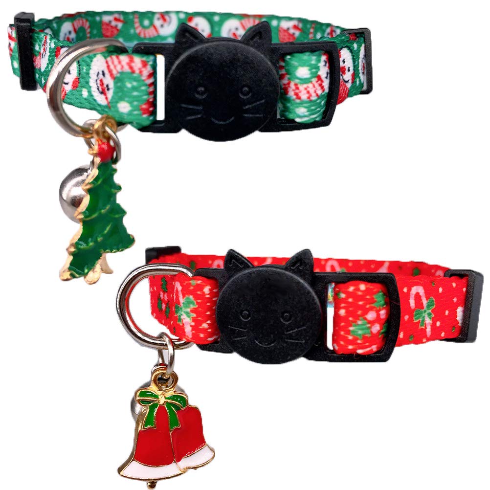 Cluos 2 Pack Christmas Cat Collars Quick Release with Bell and Charm Safety Kitten Collars Adjustable 19-30cm