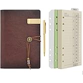 WONDERPOOL Leather Journal A6 Refillable 6 Ring Binder Notebook with Lined Paper and Pen,Writing Diary for Work Travel and Agenda Plan (A6, Brown)