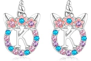 TRWWELL Cute Rose Gold Silver Initial Unicorn Hypoallergenic Stud Earrings Rhinestone Initial Letter Stud Earrings for Girls Unicorns Jewelry Gifts for Kids Toddler