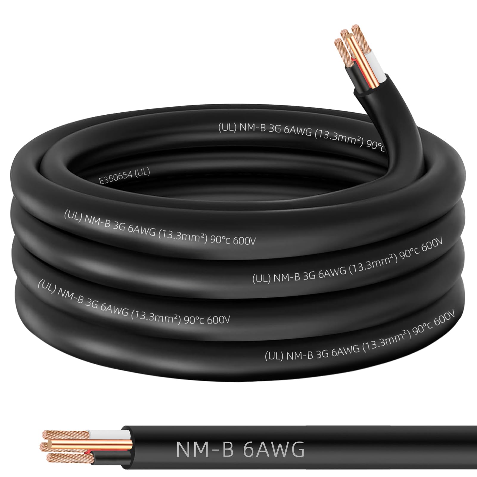 Photo 1 of 6/3 NM-B Wire with Ground,20ft 6/3 6 Gauge Wire,6 AWG 3 Conductor Nonmetallic Sheathed NM-B Cable,Copper Residential Indoor Electrical Wiring for Branch Circuit Switches,Outlets,Other Loads