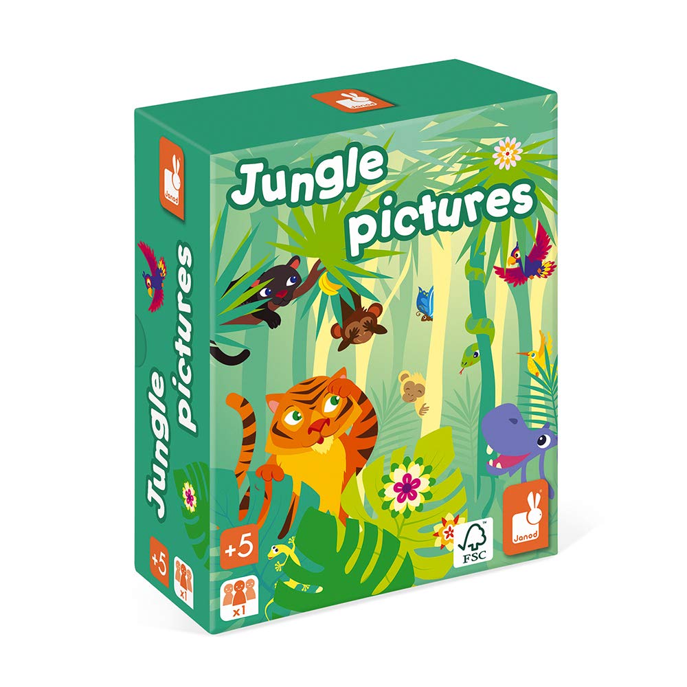 Janod - From 5 Years Old - Jungle Pictures - 60 Enigmas - FSC Cardboard and Wood Game - Speed and Strategy Games - Memorize and Assimilate - J02642