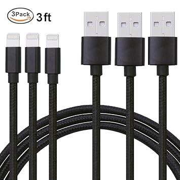 Ankoda® 3Pack 3ft iPhone Charger Cable, Nylon Braided USB iPhone Cable with Lightning Connector For iPhone 7 7Plus 6S 6S Plus 6 6Plus 5S 5C 5, iPad Pro Air, iPad Mini 2 3 4, iPod Nano and More (Black)