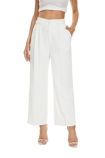 FUNYYZO WOMEN LOOSE PLEATED FRONT PANTS WIDE LEG CROPPED STRAIGHT TROUSERS WITH FAKE POCKET IN THE WAIST WHITE