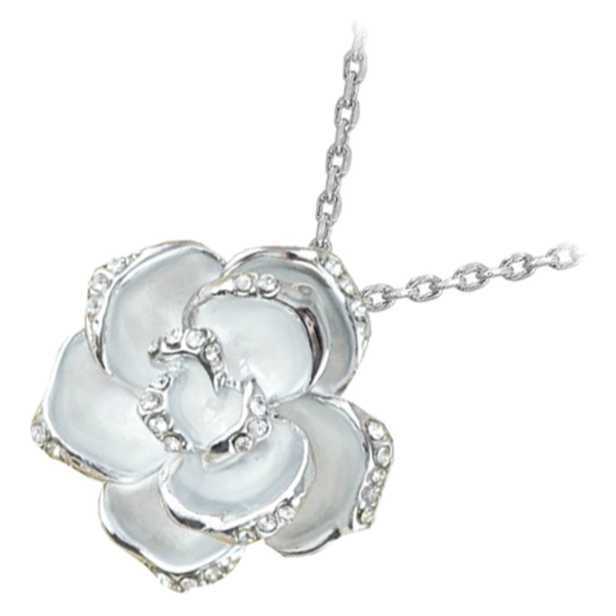 GWG Jewellery Pendant Necklace 925 Sterling Silver Coated Rosebud Flower with White Leaves Graced with Diamond Clear Crystals in Gift Box for Women