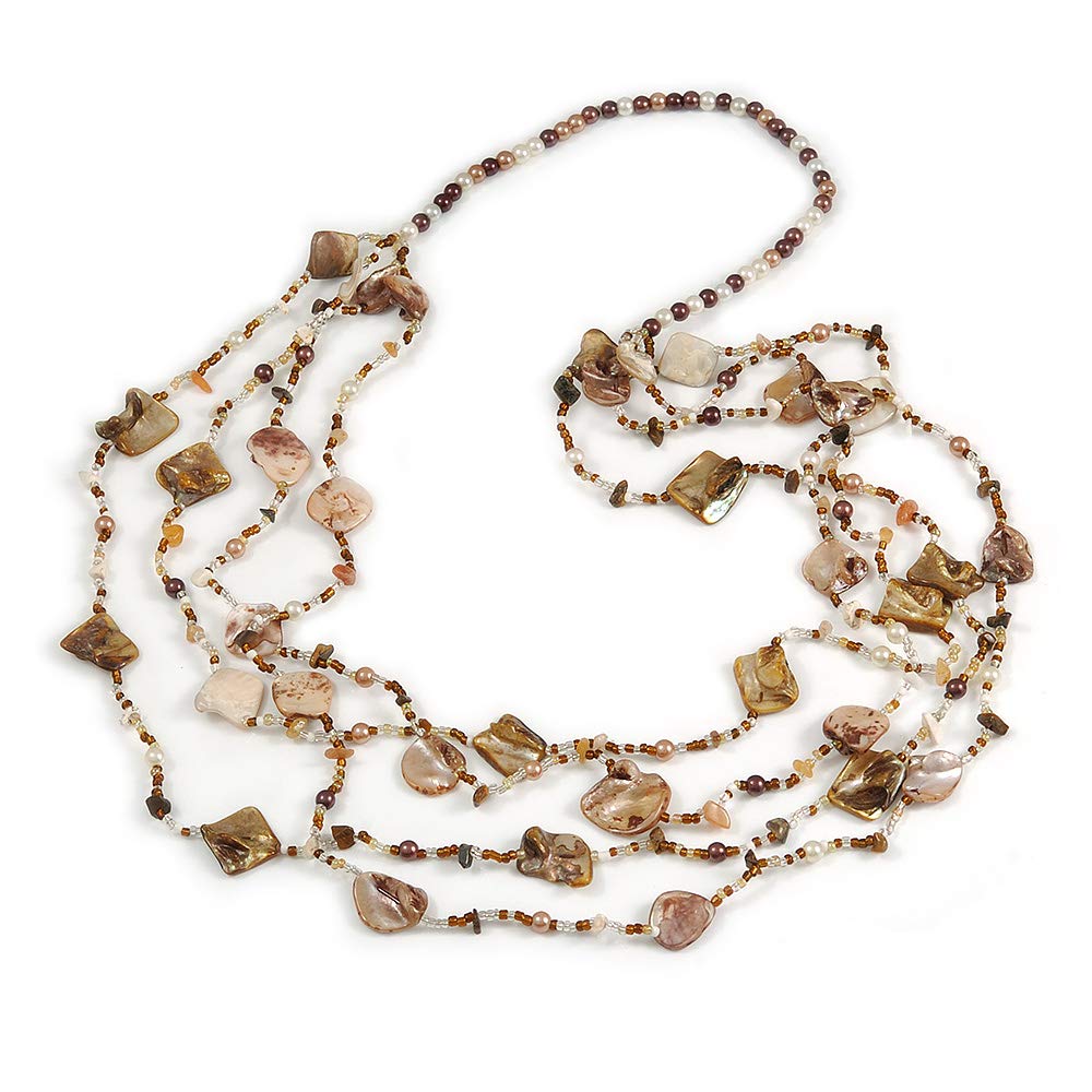 Avalaya Long Multistrand Sea Shell/Semiprecious Stone & Simulated Pearl Necklace in Natural/Brown/White - 100cm Length