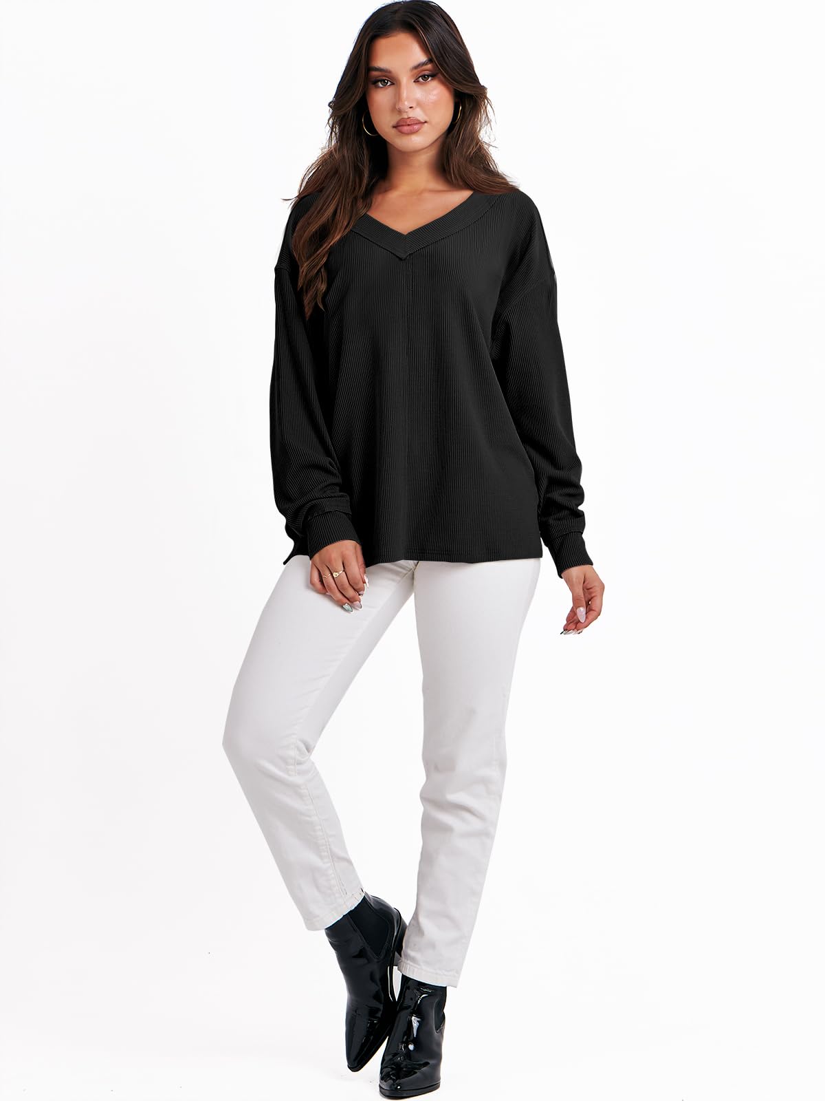 ANRABESS Oversized Long Sleeve Shirts for Women Off the Shoulder Sweatshirt Loose V Neck Tunic Tops High Low Sweater 2024