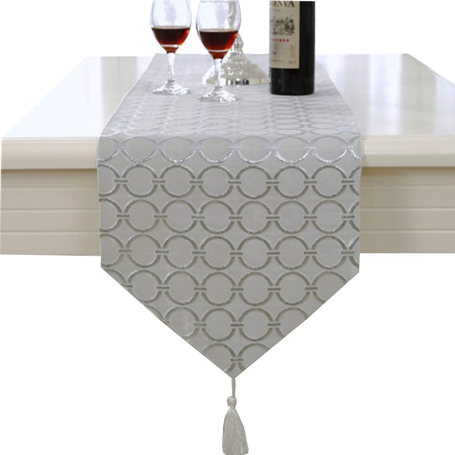 silver circle embroidered table runner off white with tapestry 33cm x