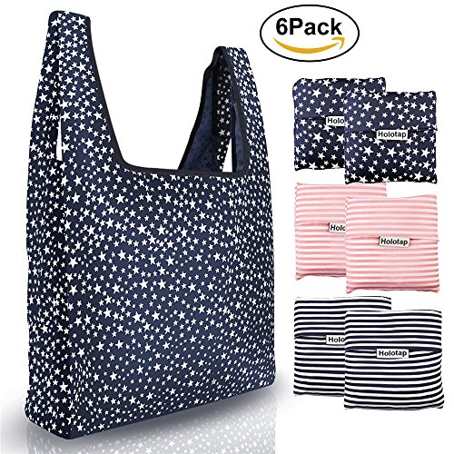 Reusable Grocery Bags 6 Pack Heavy Duty Folding Shopping Tote Bag by Holotap Washable, Durable, Lightweight and Waterproof Nylon Reusable Shopping Bags (Starry sky, Stripe) - Thumbnail 7