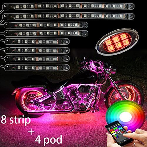 Million Color 8pc Supler slim PVC Flex Strip + 4pc RGB 5050 led pod LED Motorcycle Cellphone app Bluetooth Controller Motorcycle LED Light Kits with Music Sync for motorcycle,ATV,golf Car
