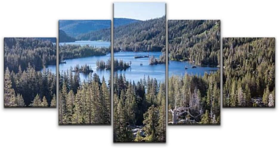 XEPPO 5 Panels Wall Art Print On Canvas Echo Lake in California Lake Tahoe Stock Pictures, Royalty Free Modern Abstract Picture Poster for Home Decor Stretched and Framed Ready to Hang (60''Wx32''H)