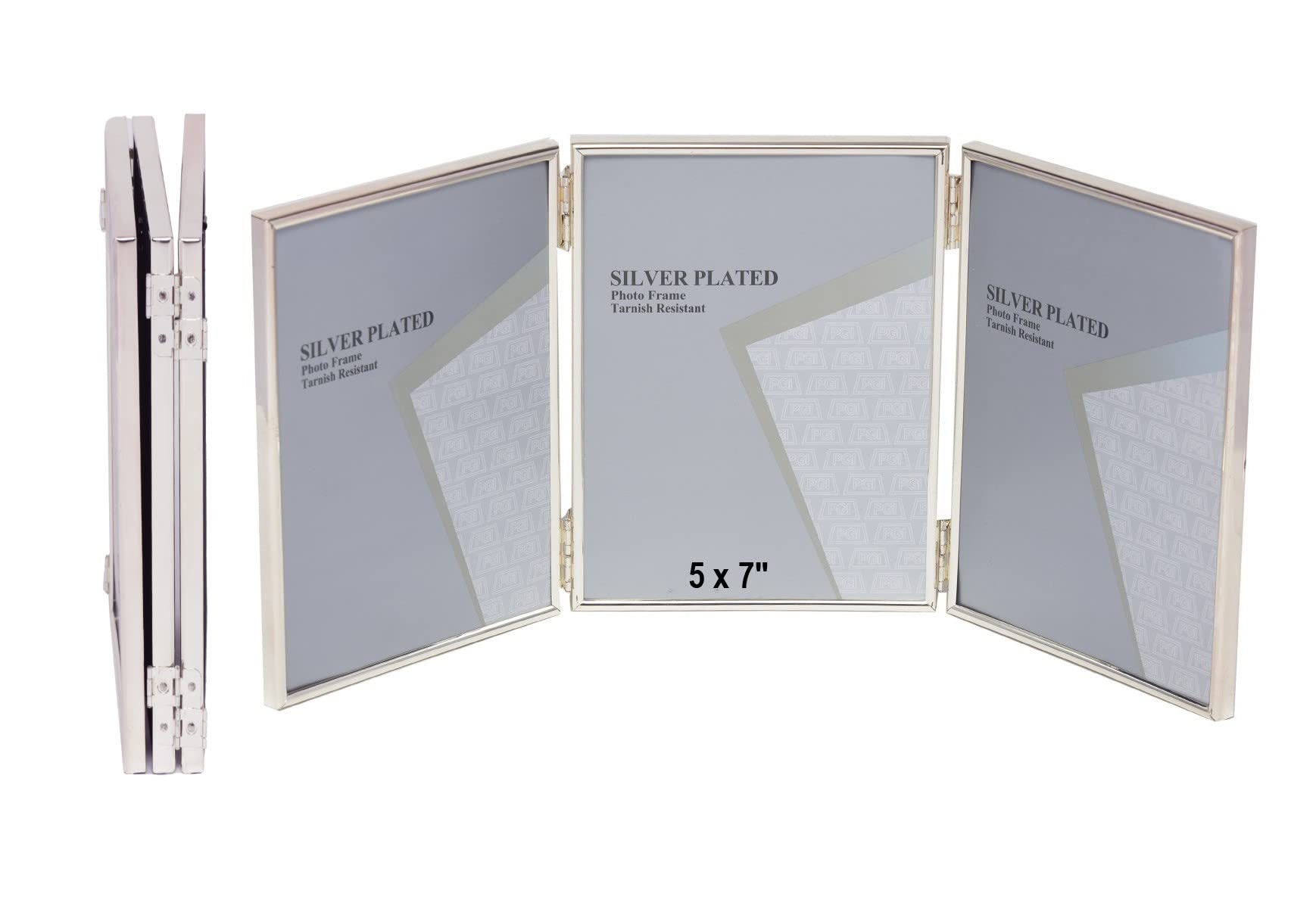 5 x 7-inch Silver Thin Edge TRIPLE PORTRAIT Photo Frames with hooks, can stand and hang - Velveteen Backing - Tarnish Resistant (5 x 7-inch)