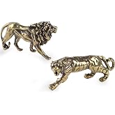 MHYGKTXRA 2pcs Brass Tiger Lion Sculpture - Decorative Vintage-Style Figurine for Living Room, Antique Bronze Finish, Indoor Tabletop Decor, Collectible Gift